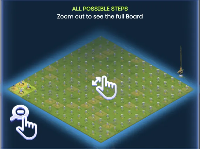 Cheesy Road full board view showing all possible steps, traps, and the zoom-out magnifying glass