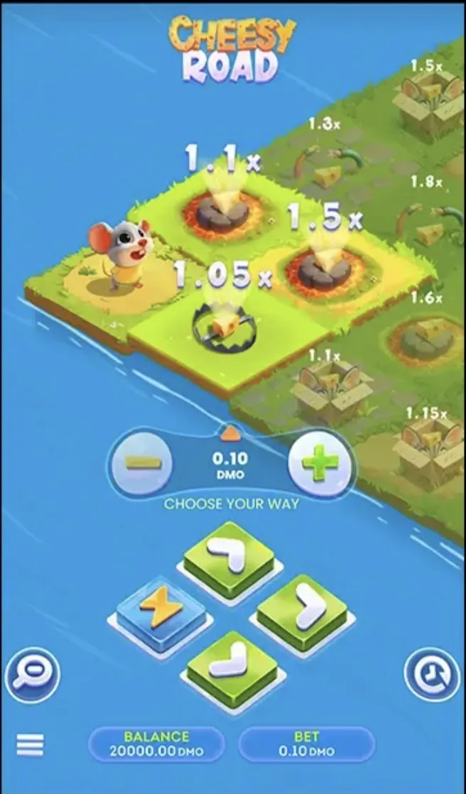 Cheesy Road gameplay in demo mode showing isometric board, multipliers, and direction arrows