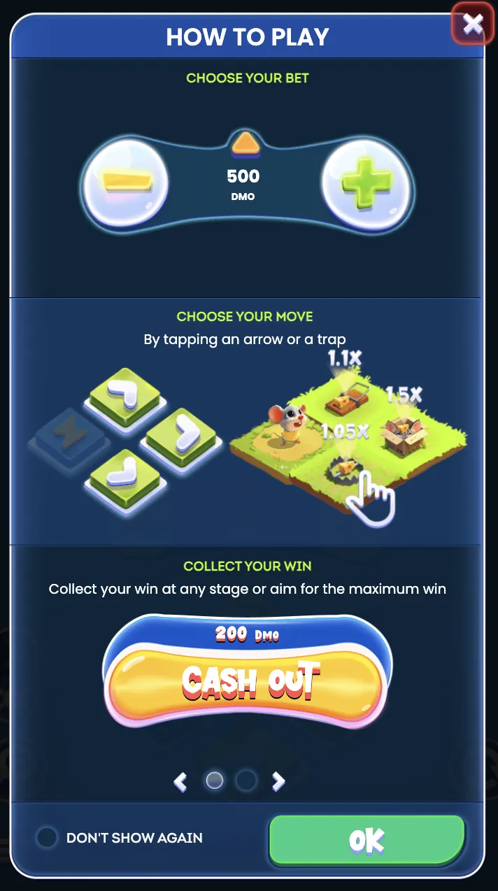 Cheesy Road how to play tutorial screen showing bet, move, and cash out steps