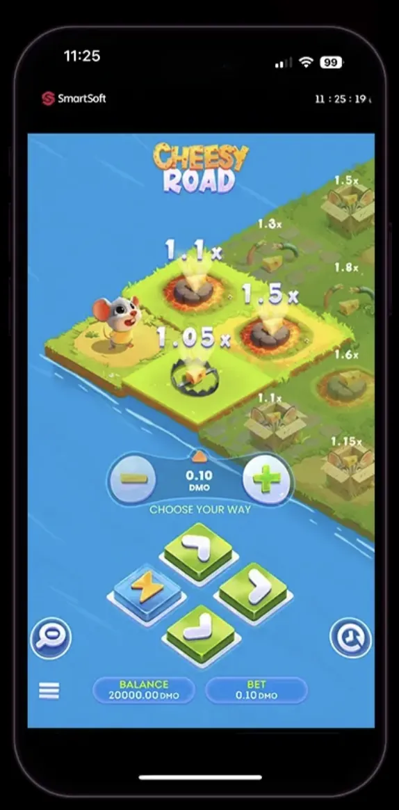 Cheesy Road running on iPhone showing SmartSoft Gaming mobile interface