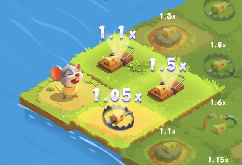 Cheesy Road board close-up showing multiplier values 1.05x to 1.5x and trap tiles