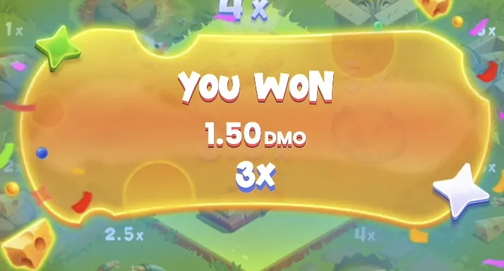 Cheesy Road you won screen showing 1.50 DMO payout at 3x multiplier